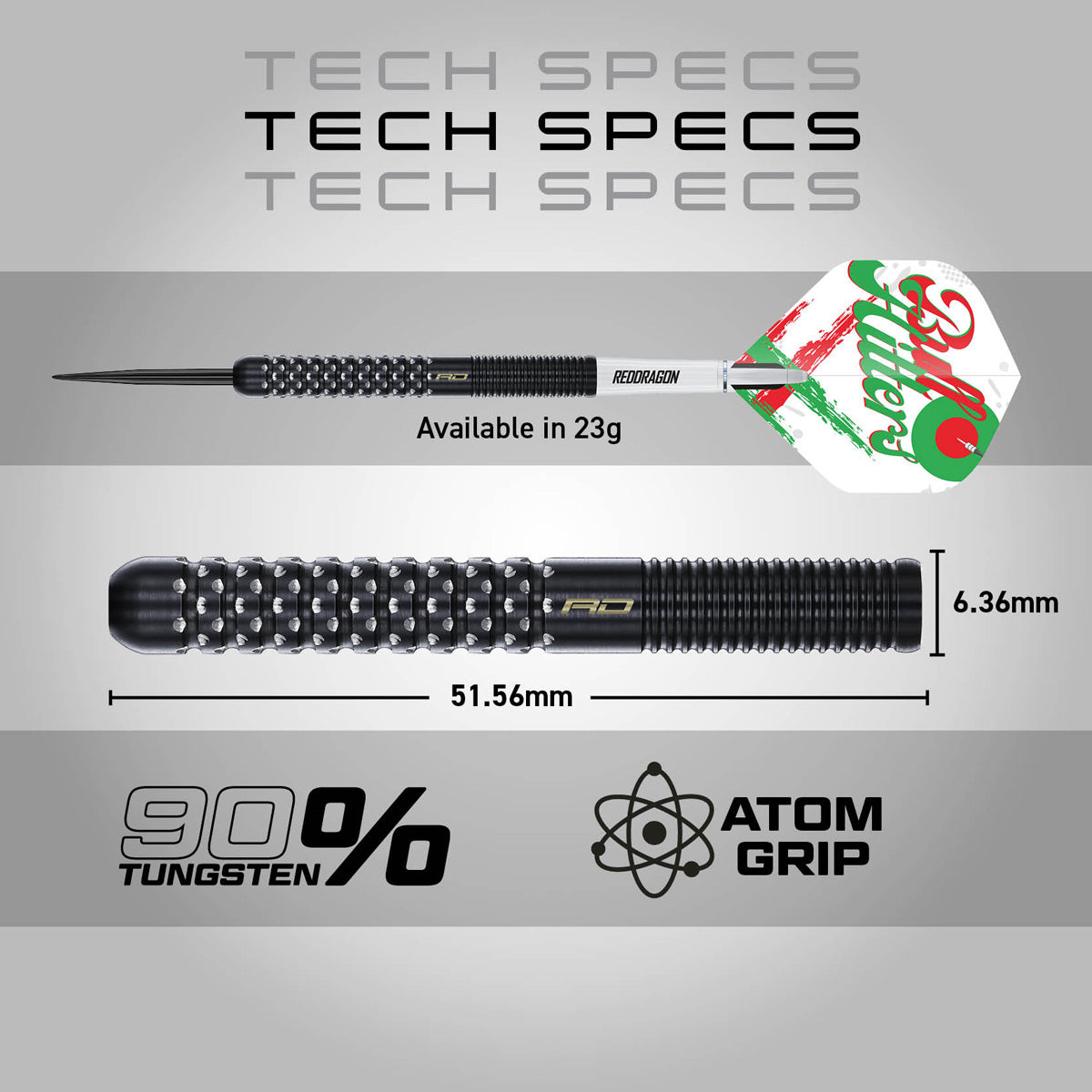 Red Dragon Bullhitters Steel Tip Darts specifications image showing barrel dimensions, weight, and technical details