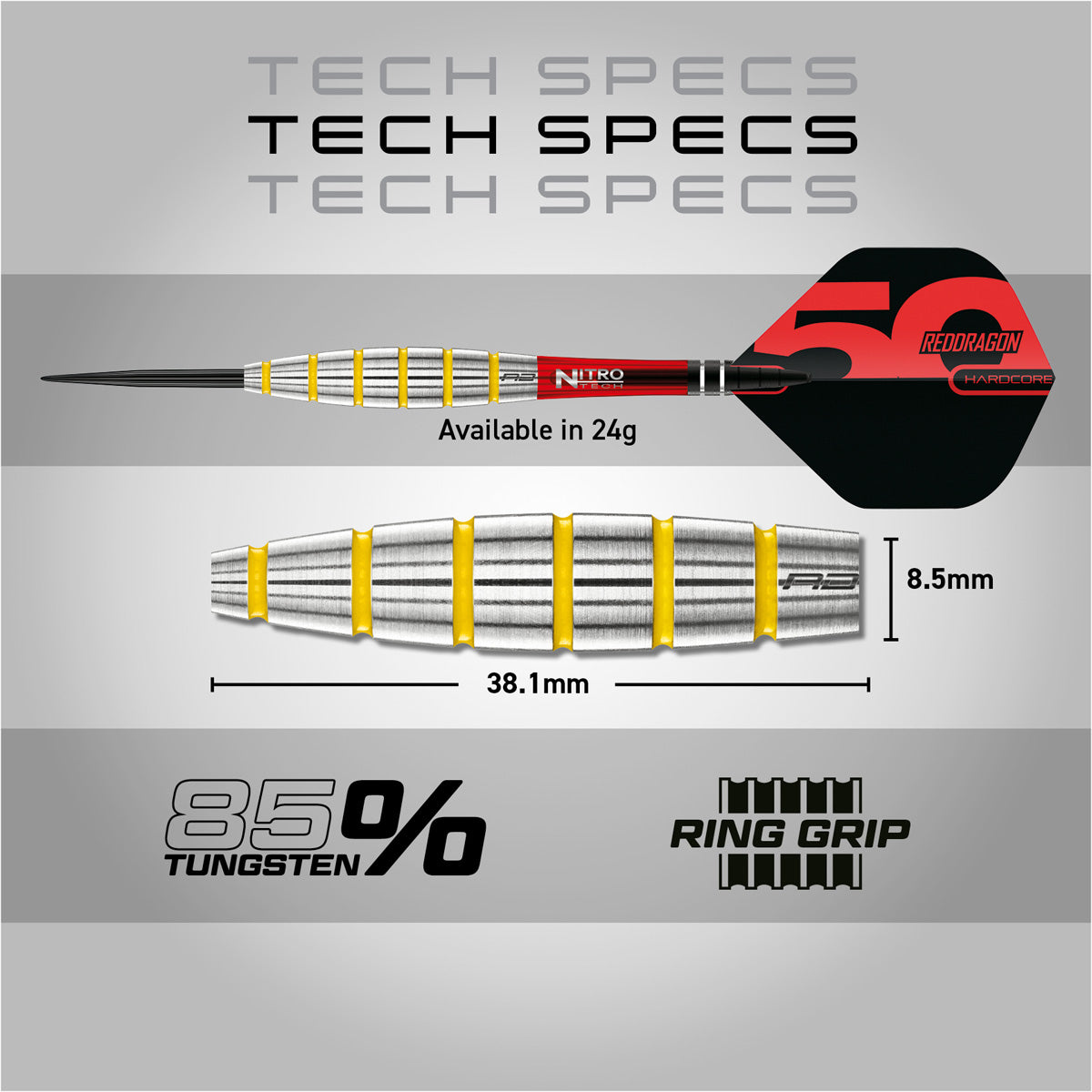 Red Dragon Chunky Stumpy 3 Steel Tip Darts specifications image showing barrel dimensions, weight, and technical details