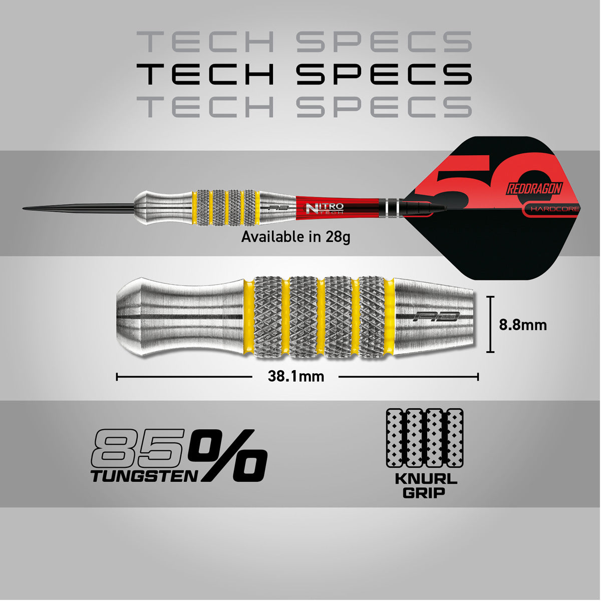 Red Dragon Chunky Stumpy 7 Steel Tip Darts specifications image showing barrel dimensions, weight, and technical details
