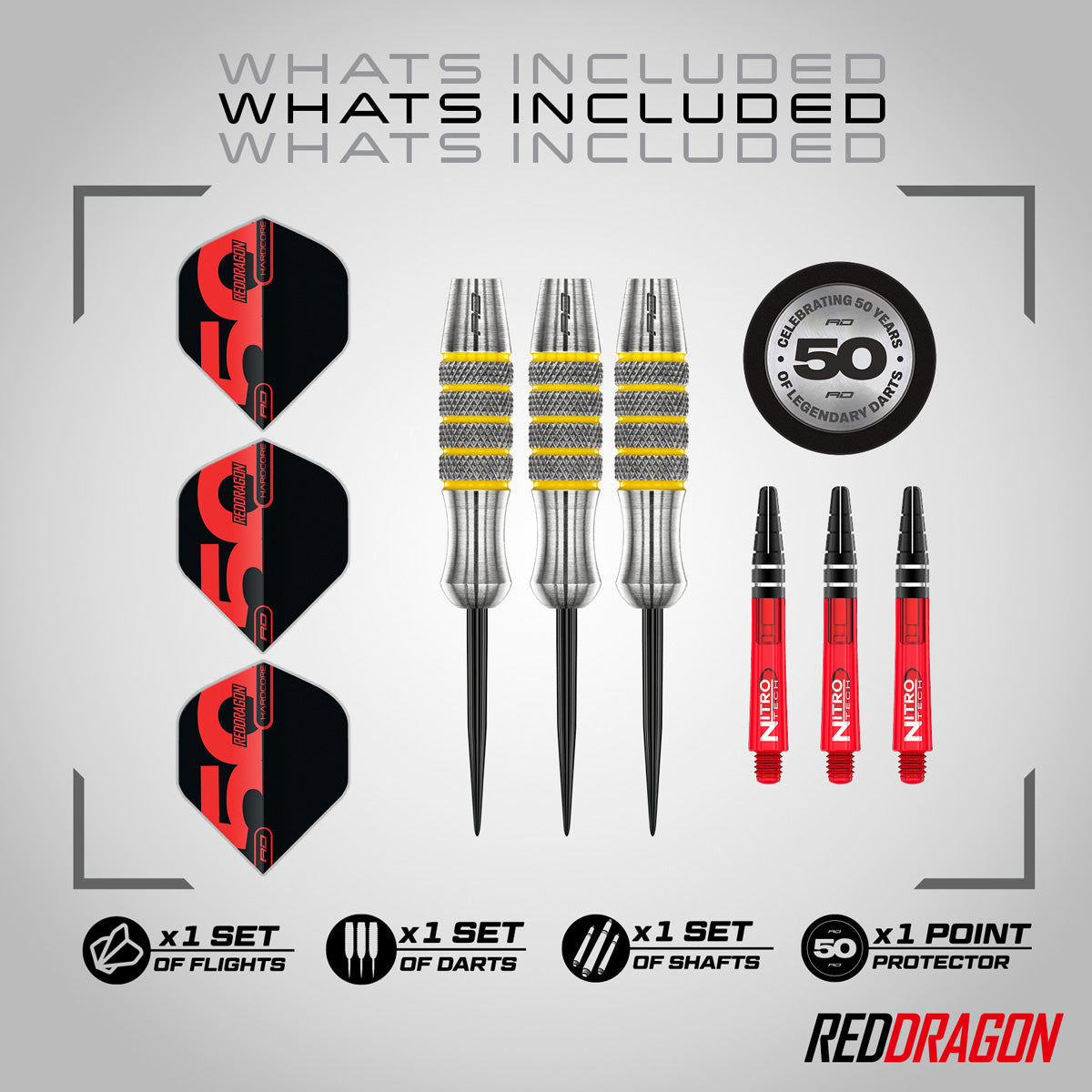 Red Dragon Chunky Stumpy 7 Steel Tip Darts image displaying everything included inside the box