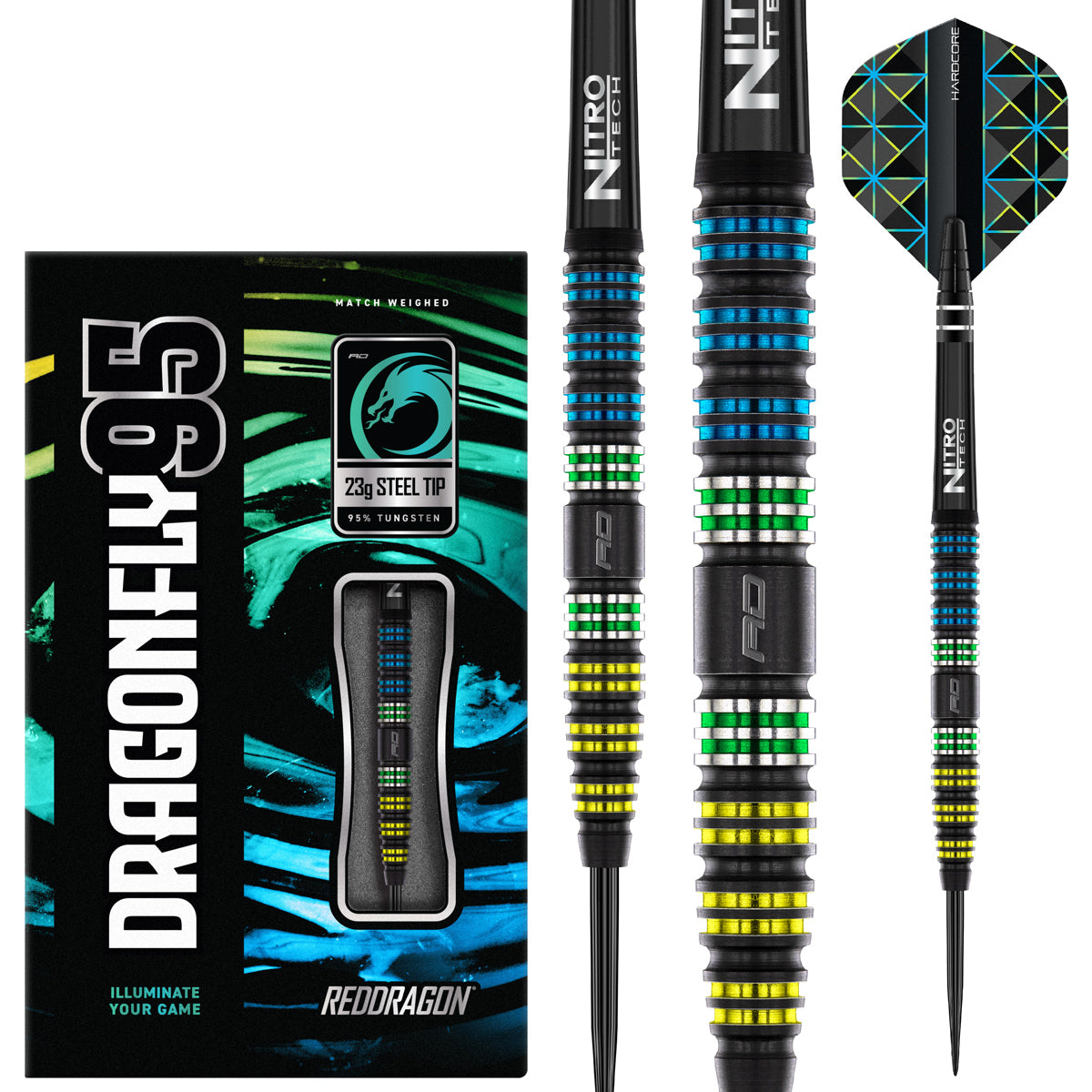 Dragonfly 95 Tapered Steel Tip Darts main product image showing the darts, packaging, flights, shafts, and included accessories