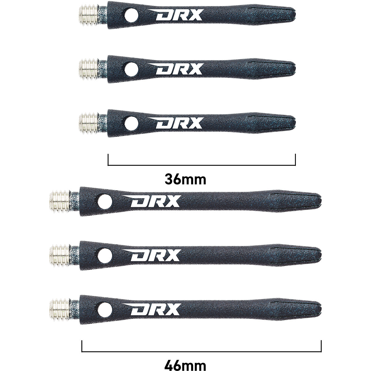 DRX Coated Aluminium Dart Stems Black main product image showing the stems, packaging, and included contents