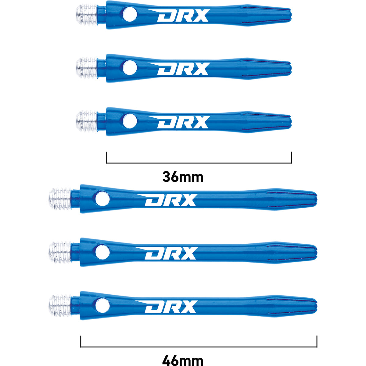 DRX Coated Aluminium Dart Stems Blue main product image showing the stems, packaging, and included contents