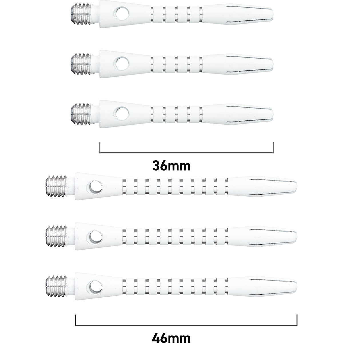 DRX Coated Aluminium Dart Stems White Silver main product image showing the stems, packaging, and included contents