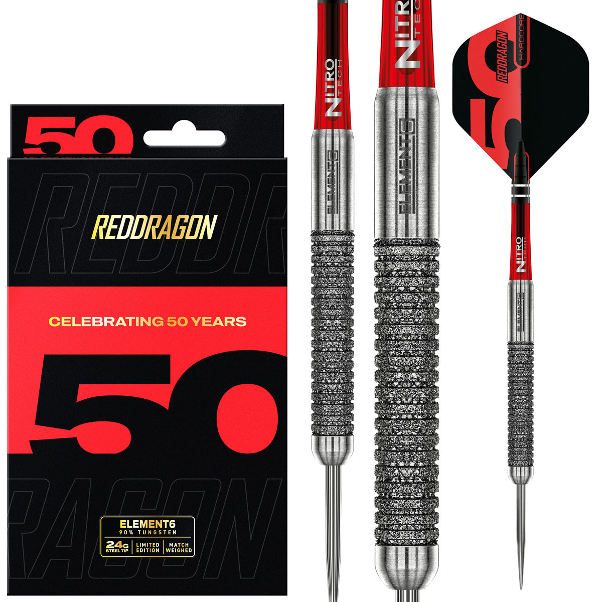 Red Dragon Element 6B Steel Tip Darts main product image showing the darts, packaging, flights, shafts, and included accessories