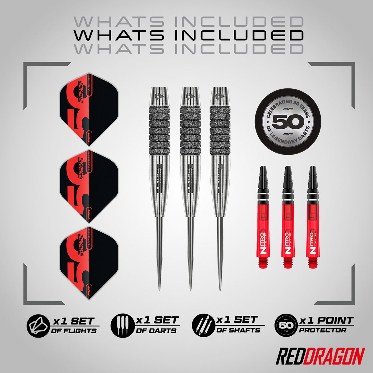 Red Dragon Element 6C Steel Tip Darts image displaying everything included inside the box