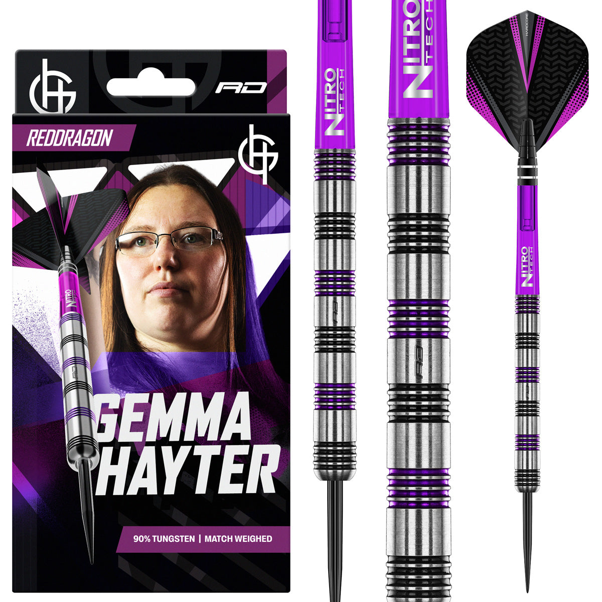 Red Dragon Gemma Hayter Steel Tip Darts main product image showing the darts, packaging, flights, shafts, and included accessories