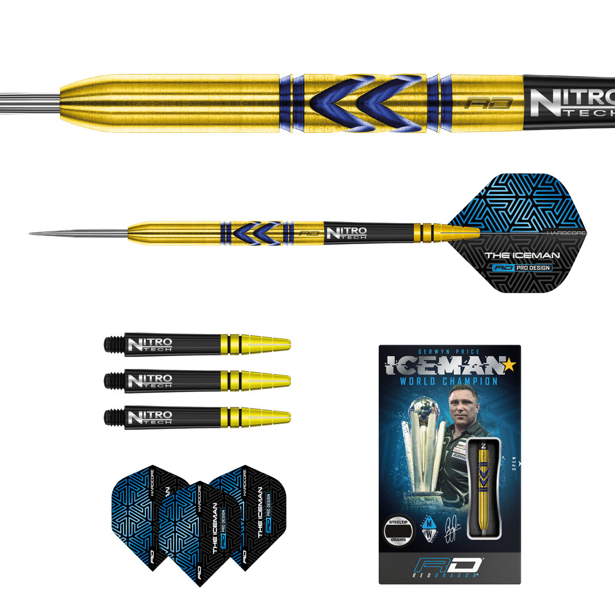 Contents of the Gerwyn Price Avalanche Pro Gold darts box including flights, shafts and accessories