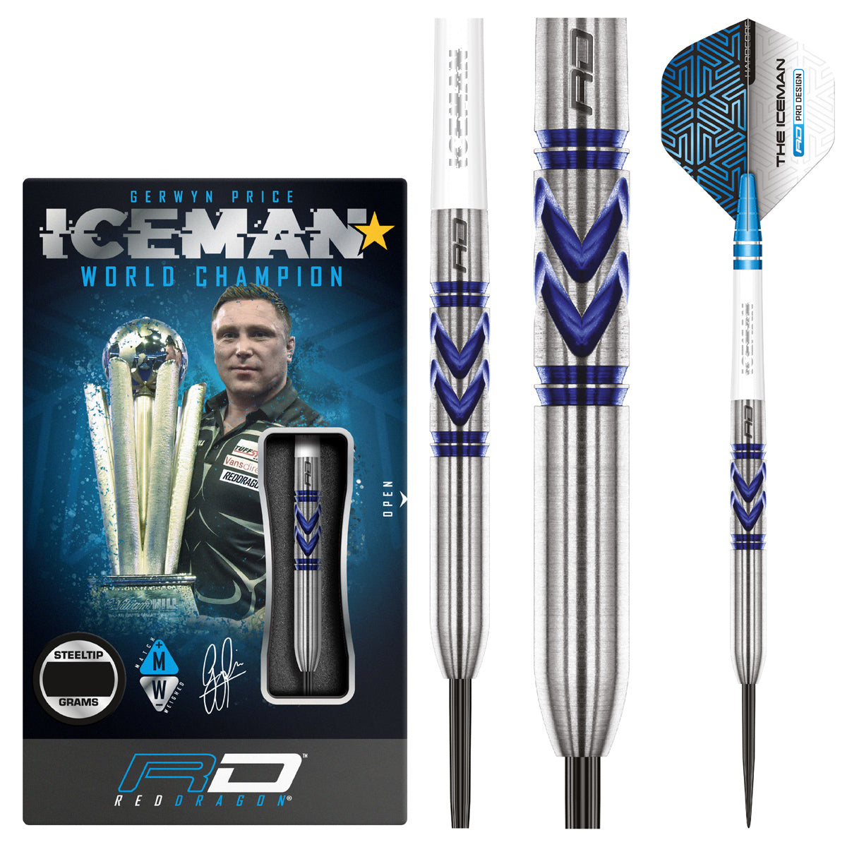 Gerwyn Price Avalanche Pro Steel Tip Darts product image showing the complete dart set, packaging and accessories