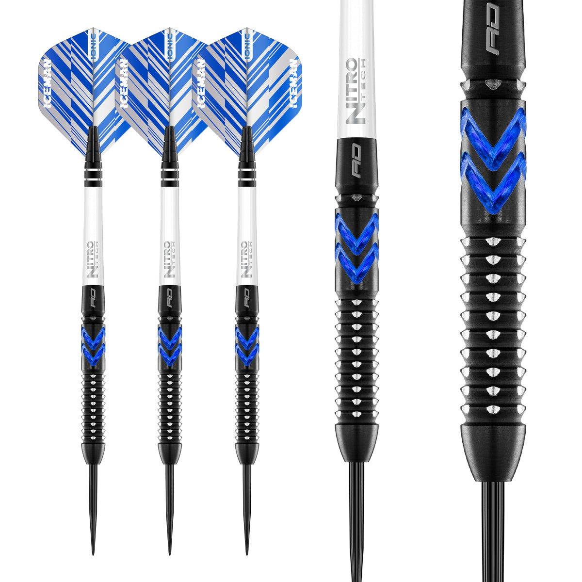 Multiple angle view of the Gerwyn Price Blue Ice SE dart barrel profile and design