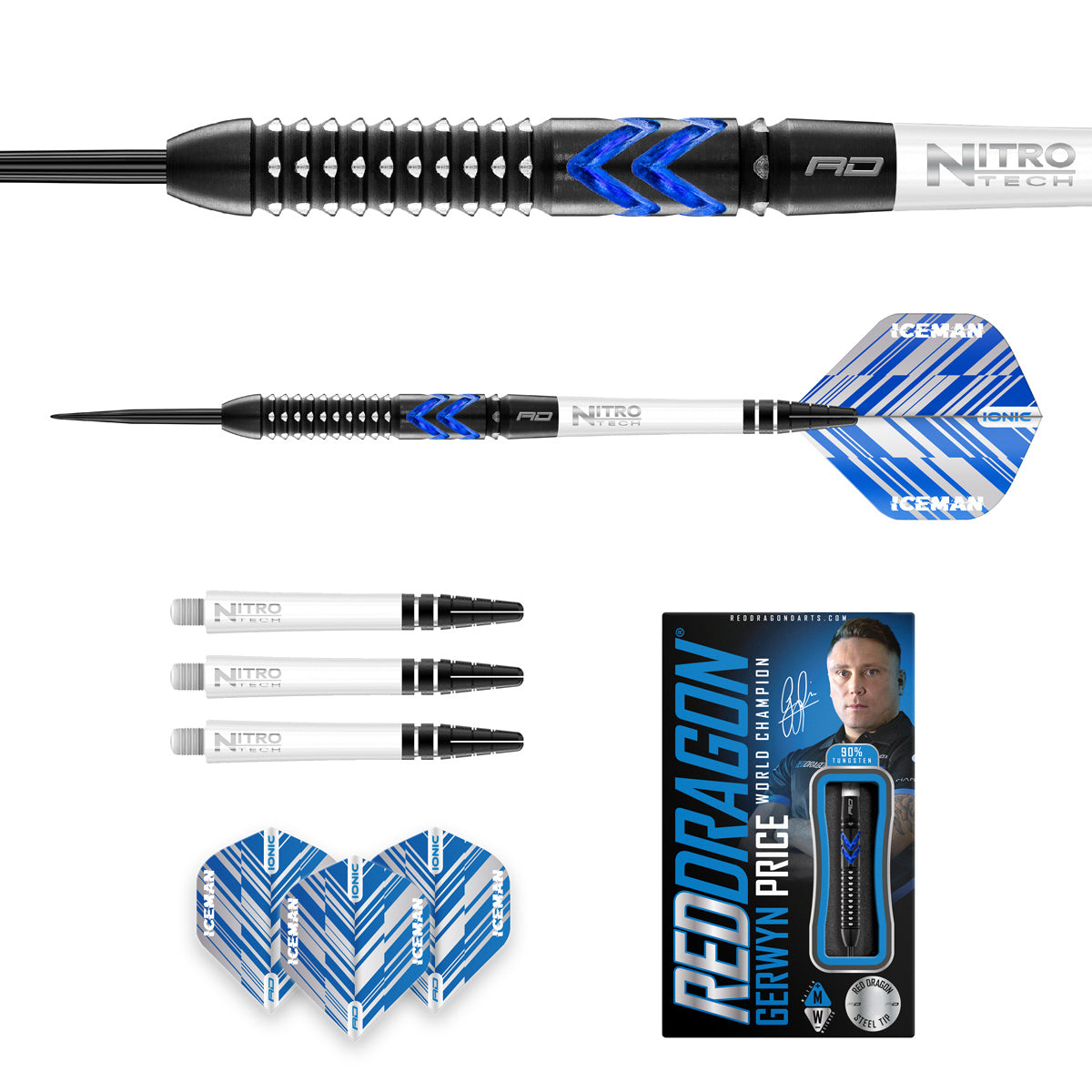 Contents of the Gerwyn Price Blue Ice SE darts box including flights, shafts and accessories
