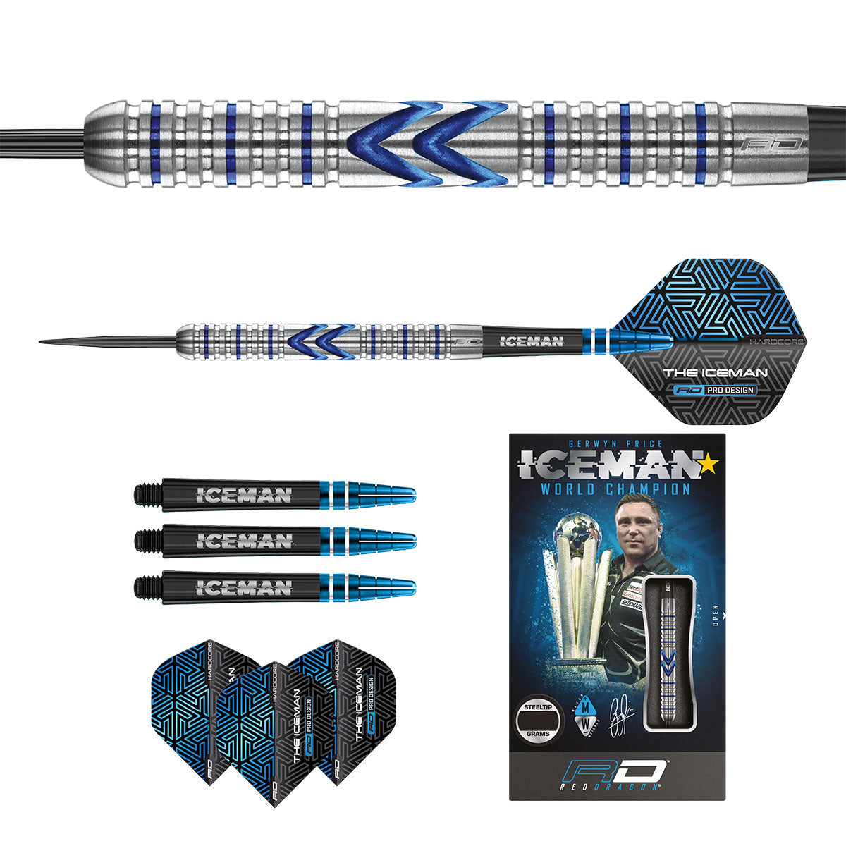 Gerwyn Price Iceman Midnight Edition Steel Tip Darts image displaying everything included inside the box