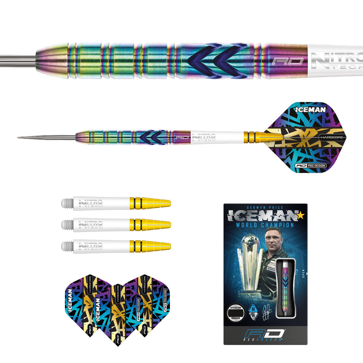 Contents of the Gerwyn Price Ionic darts box including flights, shafts and accessories
