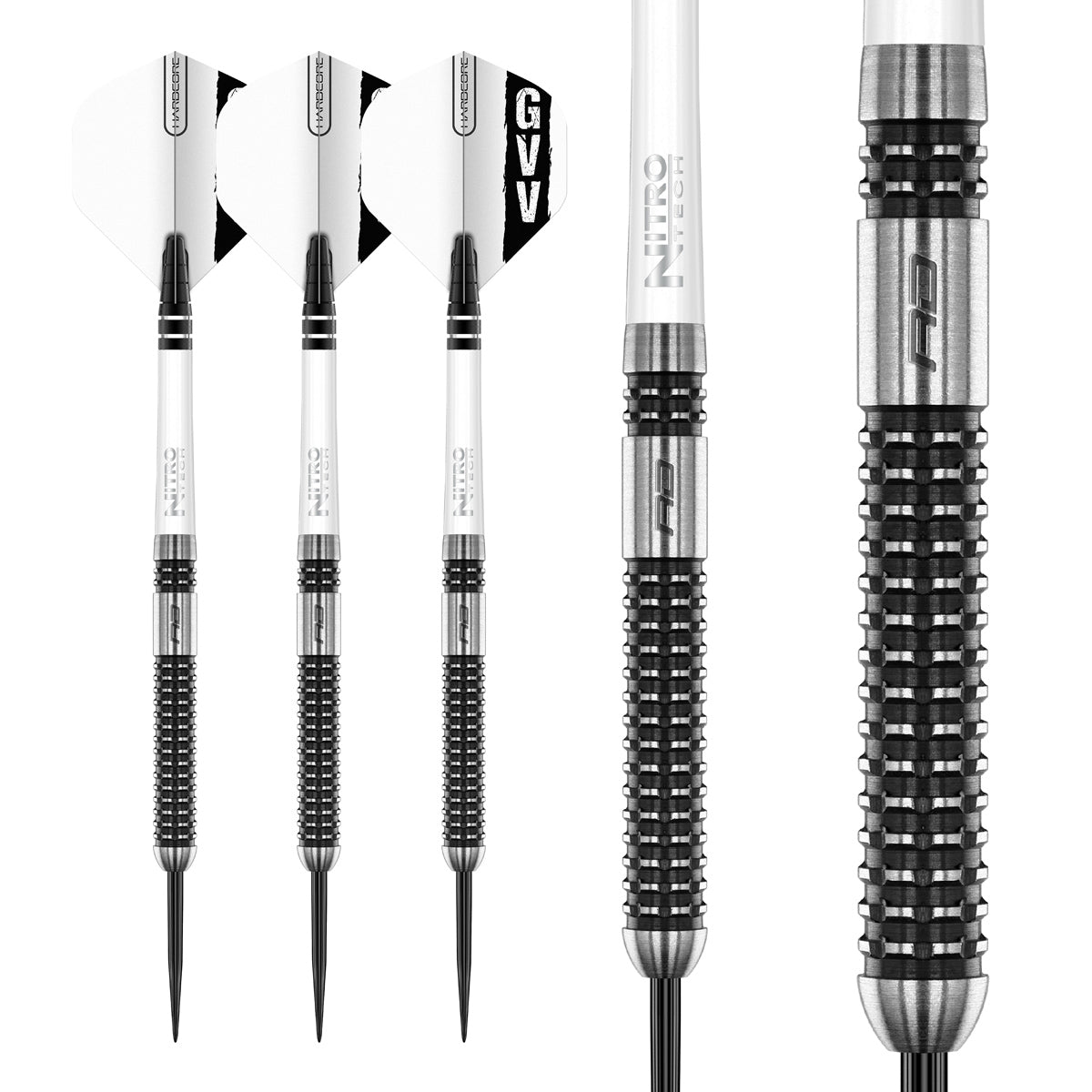 Gian van Veen Axis SE Steel Tip Darts complete dart overview image showing the full barrel profile and design from multiple angles