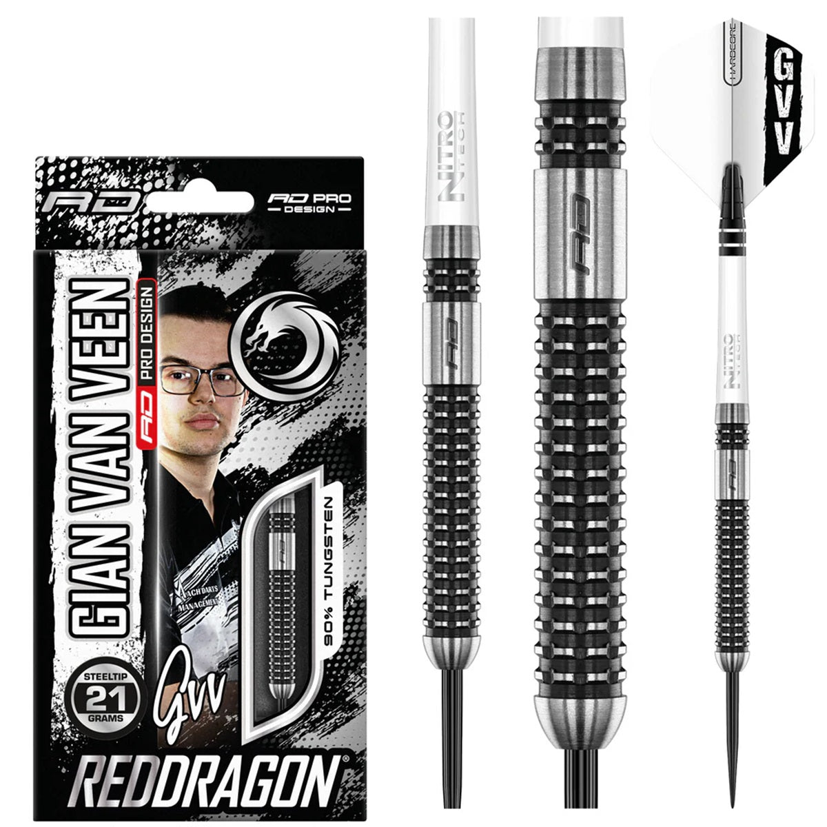Gian van Veen Axis SE Steel Tip Darts main product image showing the darts, packaging, flights, shafts, and included accessories