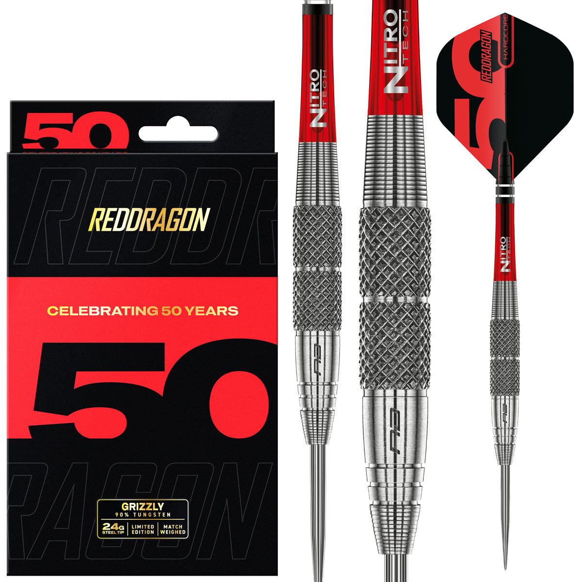 Red Dragon Grizzly 2 Steel Tip Darts main product image showing the darts, packaging, flights, shafts, and included accessories