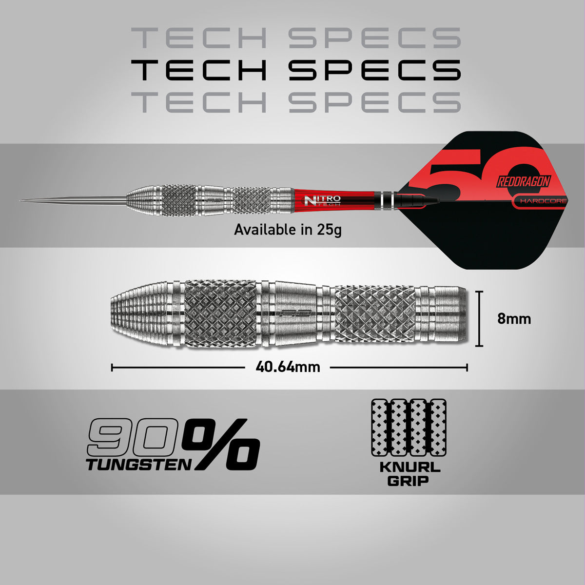 Red Dragon Grizzly 4 Steel Tip Darts specifications image showing barrel dimensions, weight, and technical details