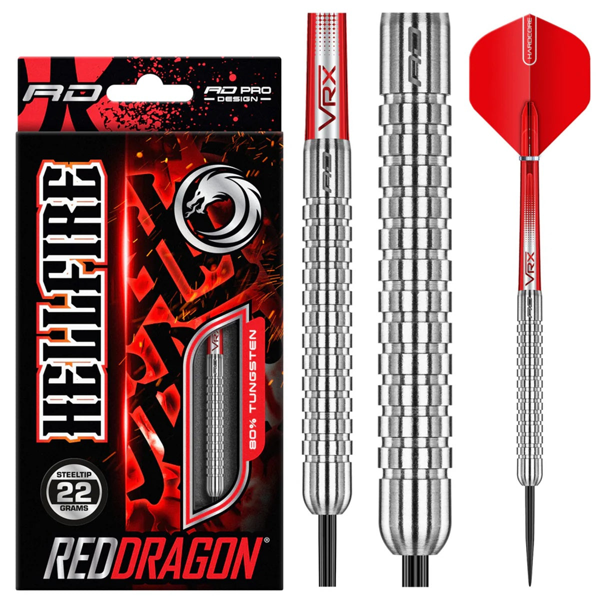 Hell Fire A Steel Tip Darts product image showing the complete dart set, packaging and accessories