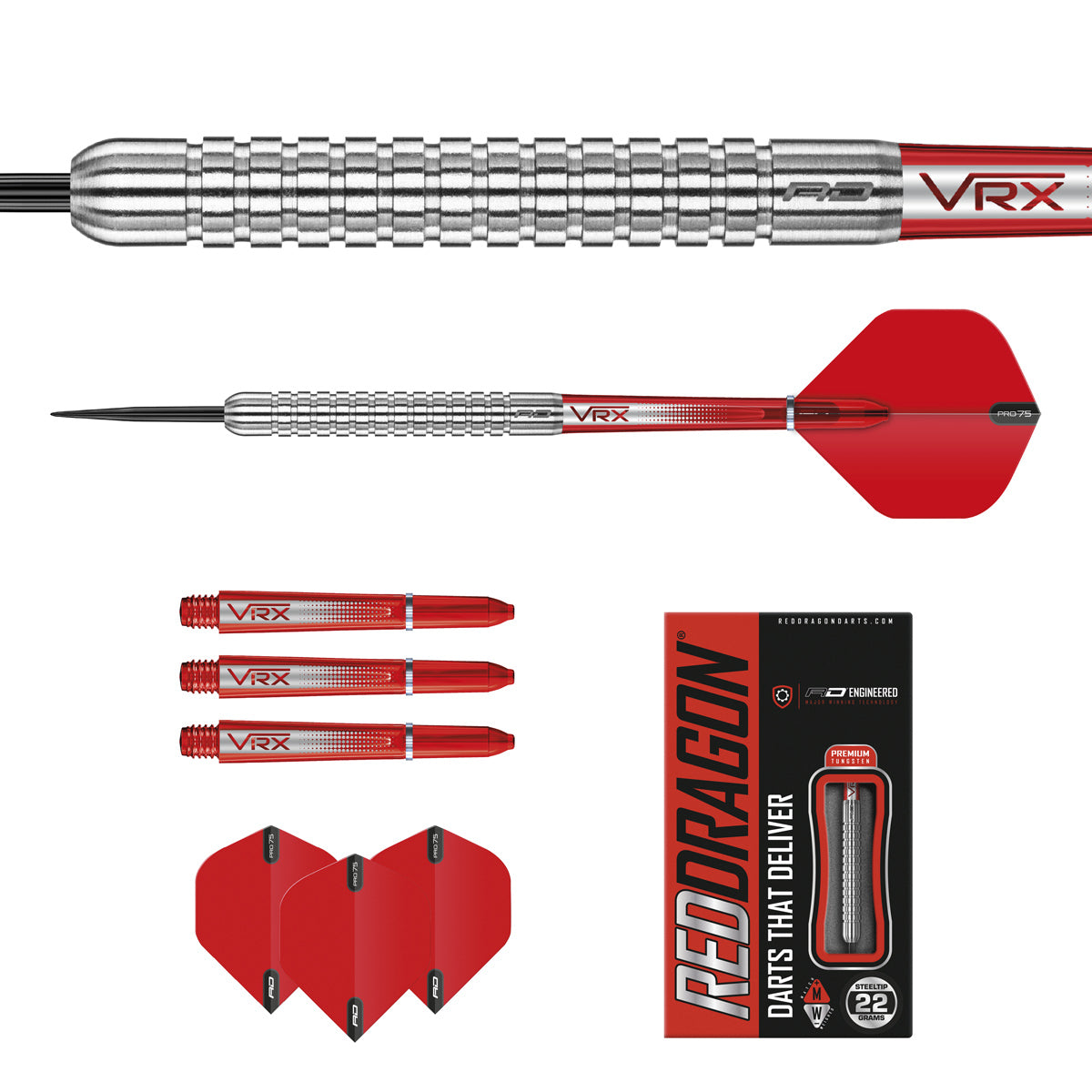 Contents of the Hell Fire A darts box including flights, shafts and accessories