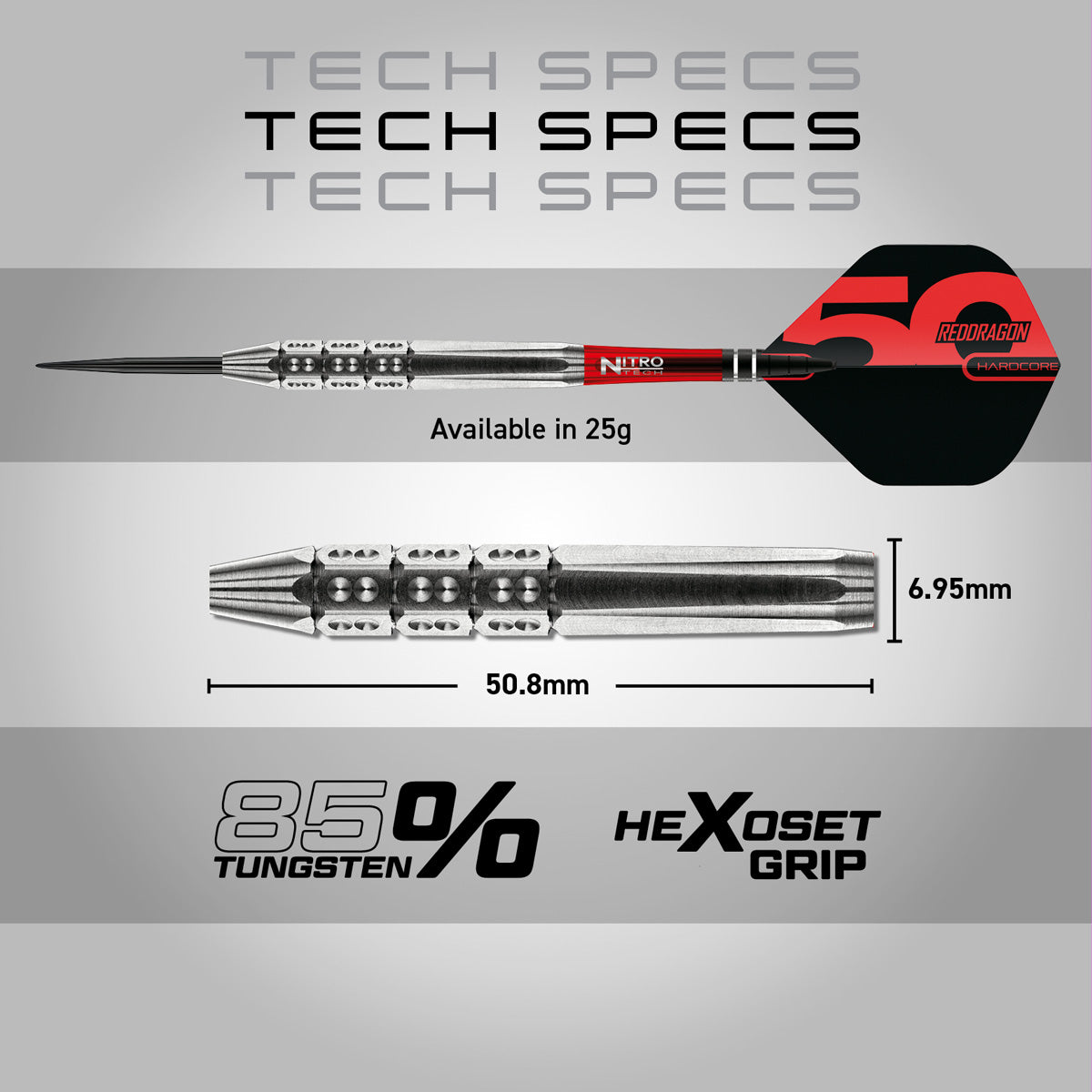 Red Dragon Hexoset 3 Steel Tip Darts specifications image showing barrel dimensions, weight, and technical details