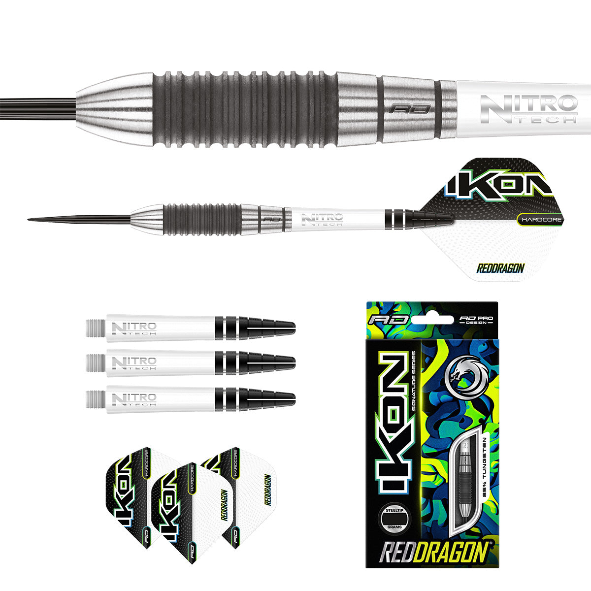 Contents of the Ikon 1.1 darts box including flights, shafts and accessories