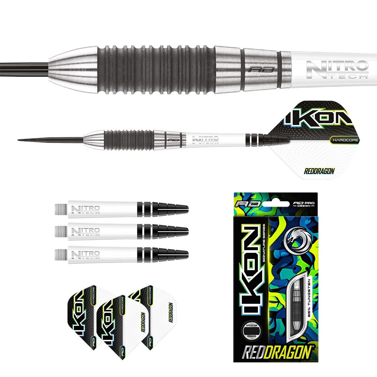 Contents of the Ikon 1.1 darts box including flights, shafts and accessories