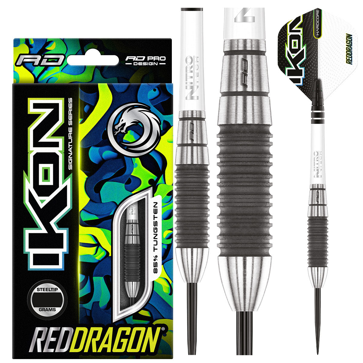 Ikon 1.2 Steel Tip Darts product image showing the complete dart set, packaging and accessories