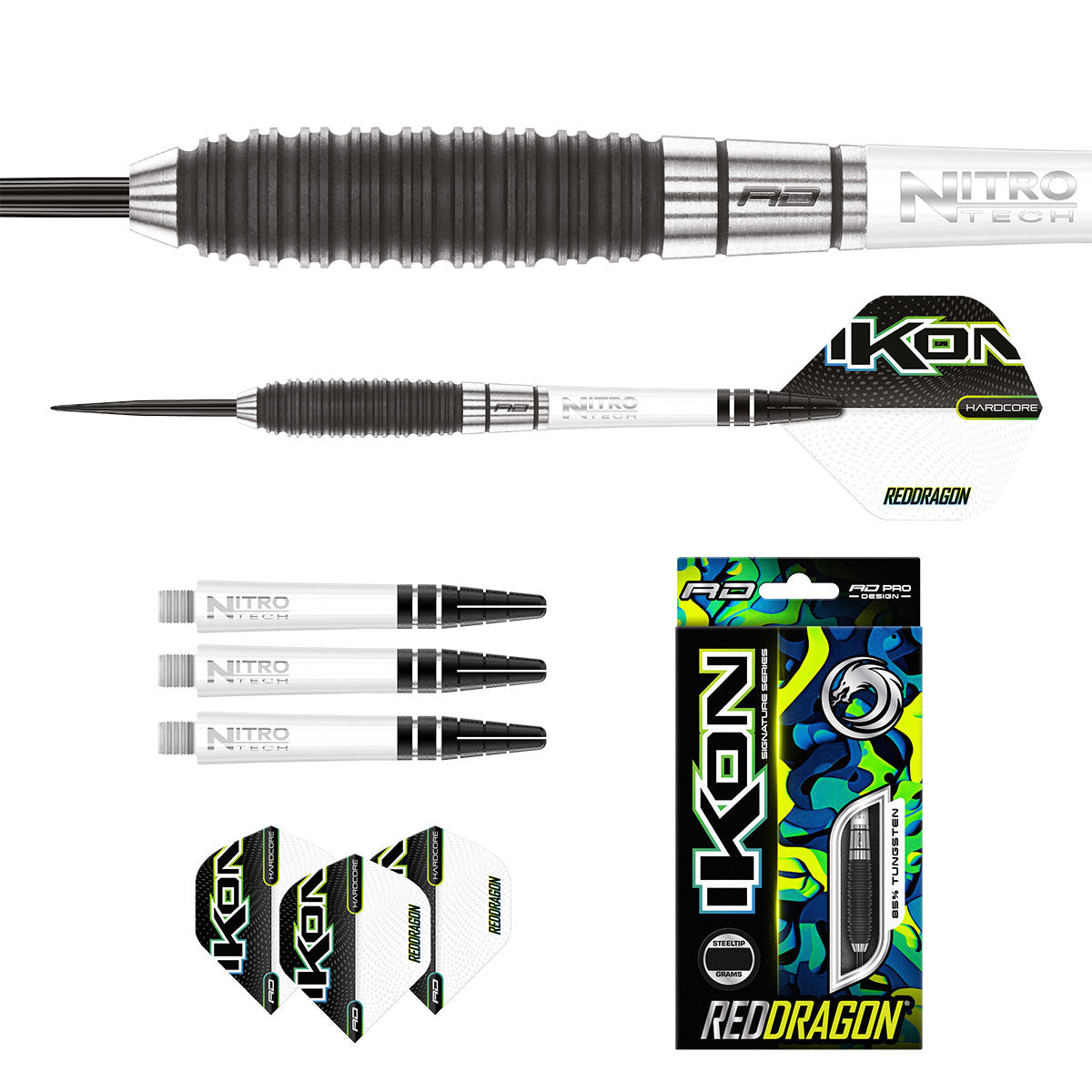 Contents of the Ikon 1.3 darts box including flights, shafts and accessories