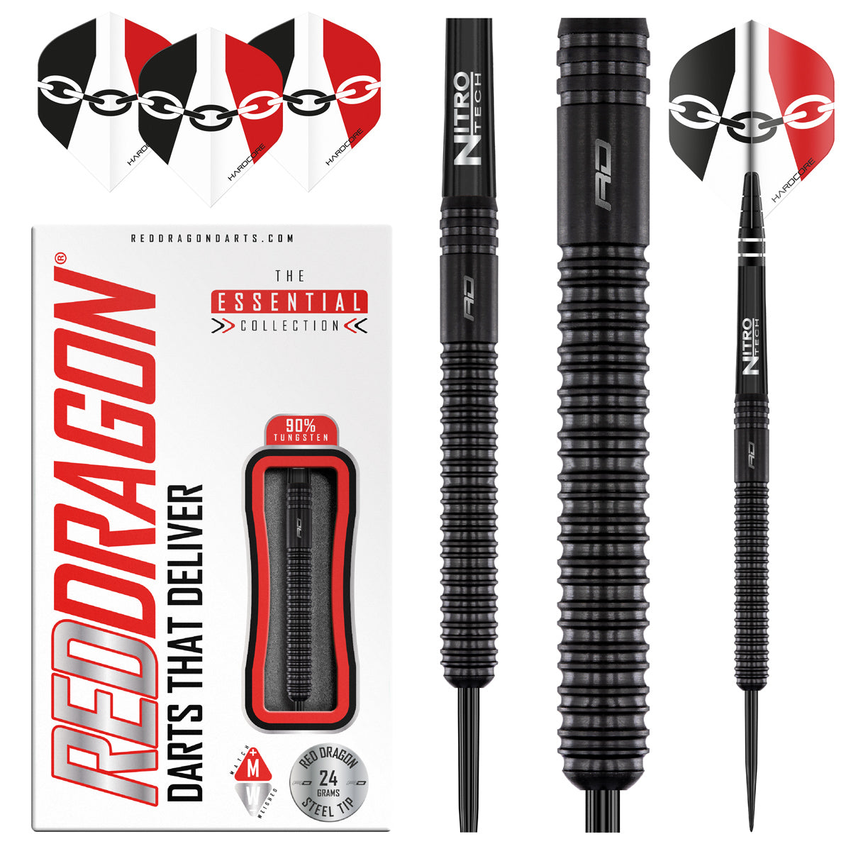 Jamie Hughes Steel Tip Darts product image showing the complete dart set, packaging and accessories