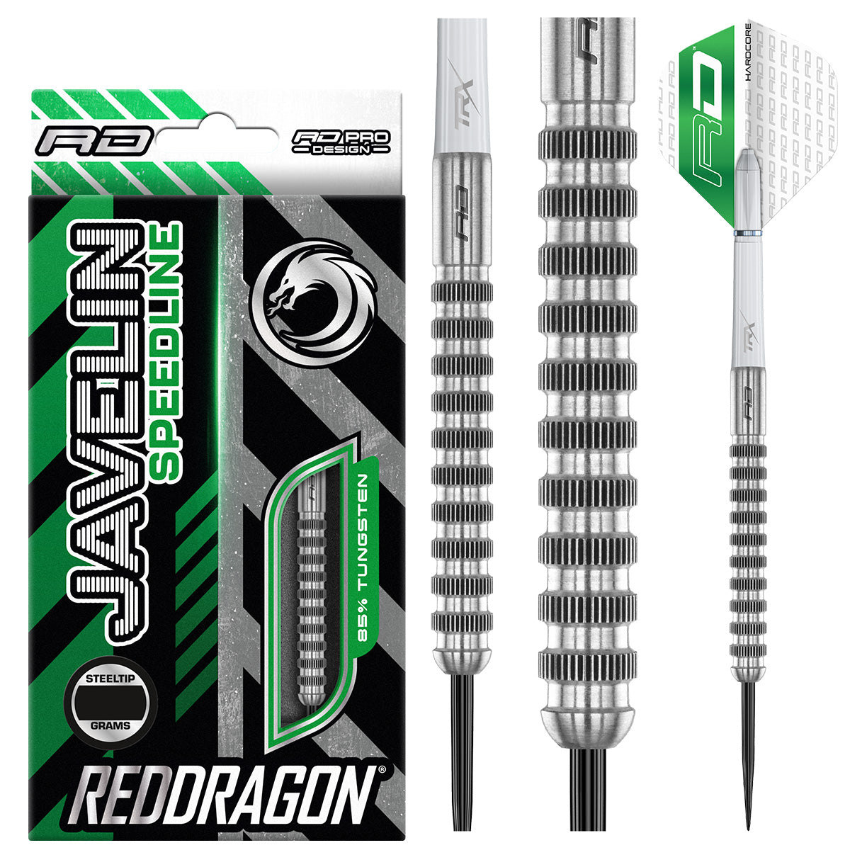 Javelin Speedline Steel Tip Darts main product image showing the darts, packaging, flights, shafts, and included accessories