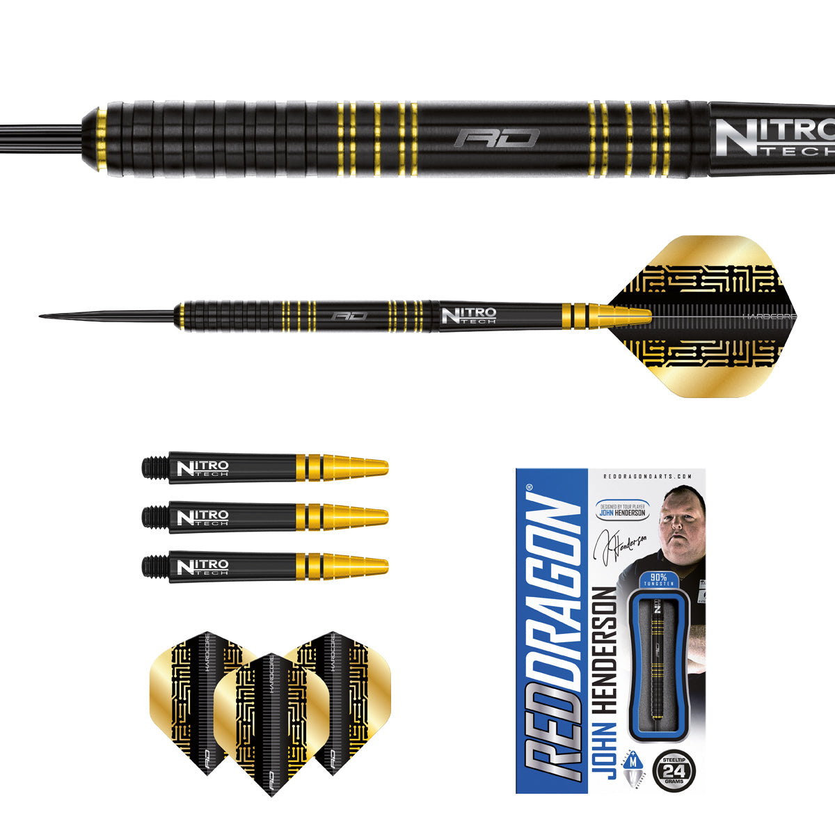 Contents of the John Henderson SE darts box including flights, shafts and accessories