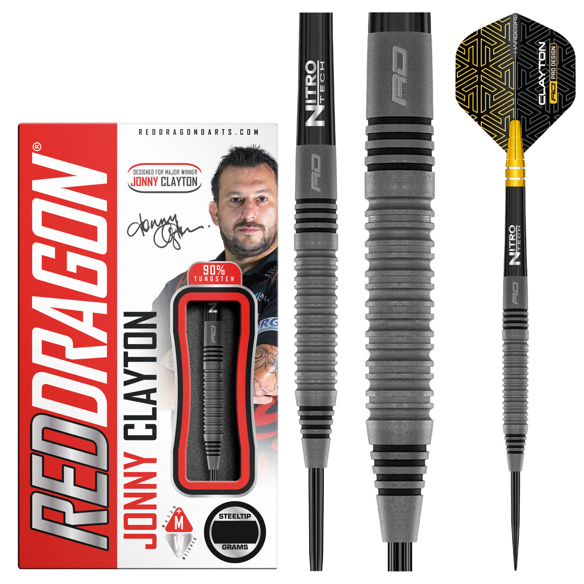 Jonny Clayton Oxide Edition Steel Tip Darts product image showing the complete dart set, packaging and accessories