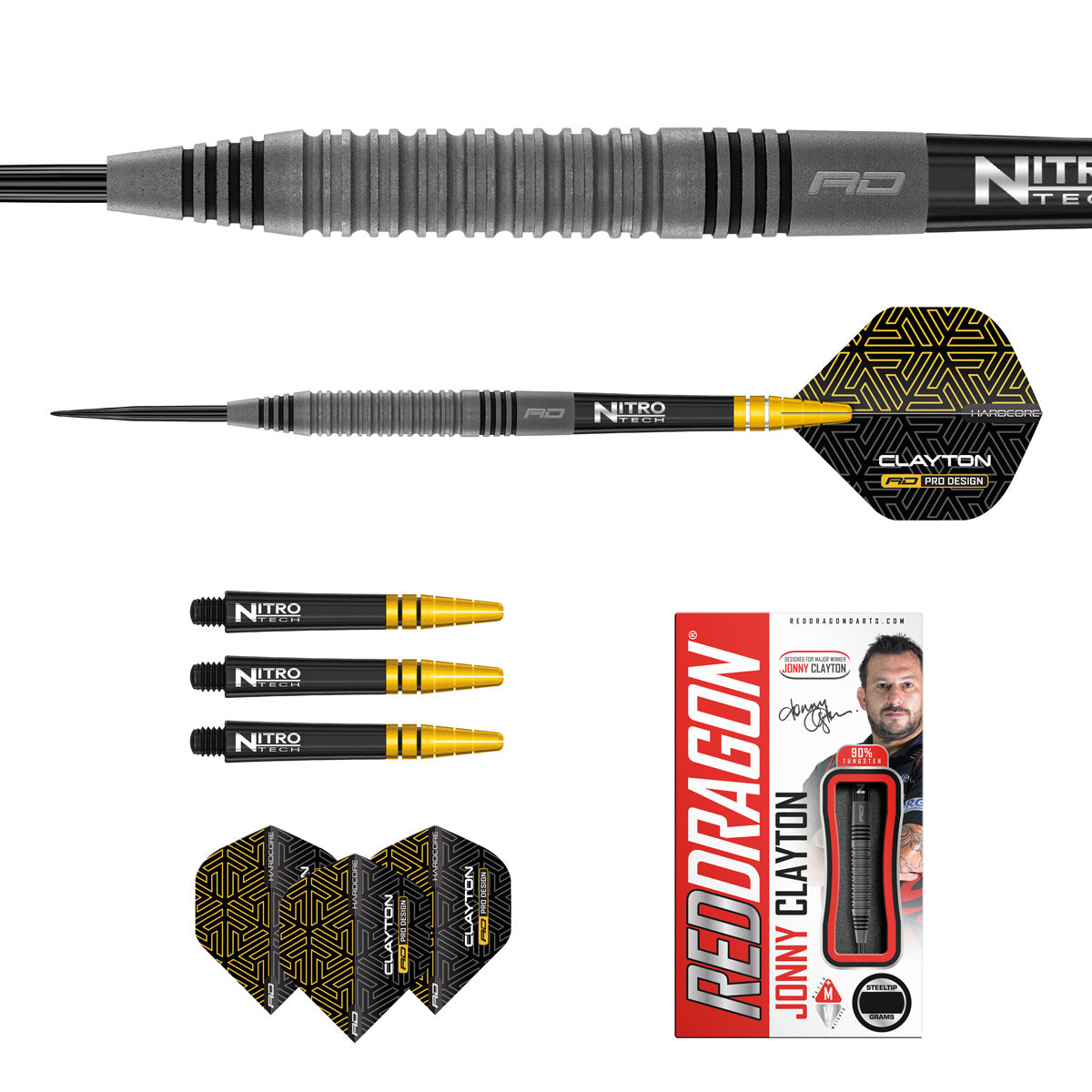 Contents of the Jonny Clayton Oxide Edition darts box including flights, shafts and accessories