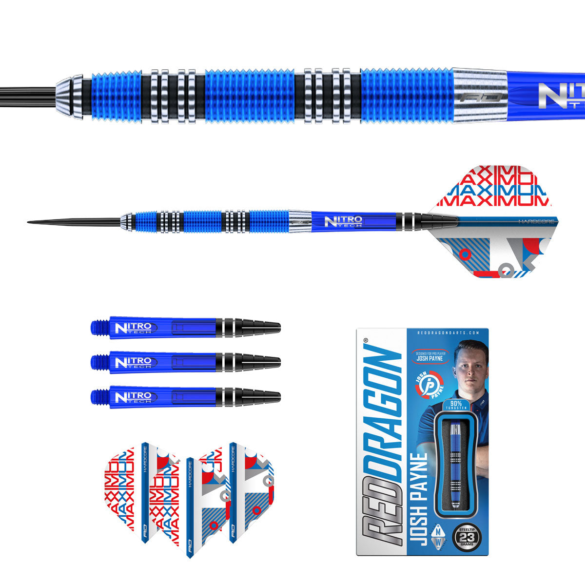 Contents of the Josh Payne darts box including flights, shafts and accessories