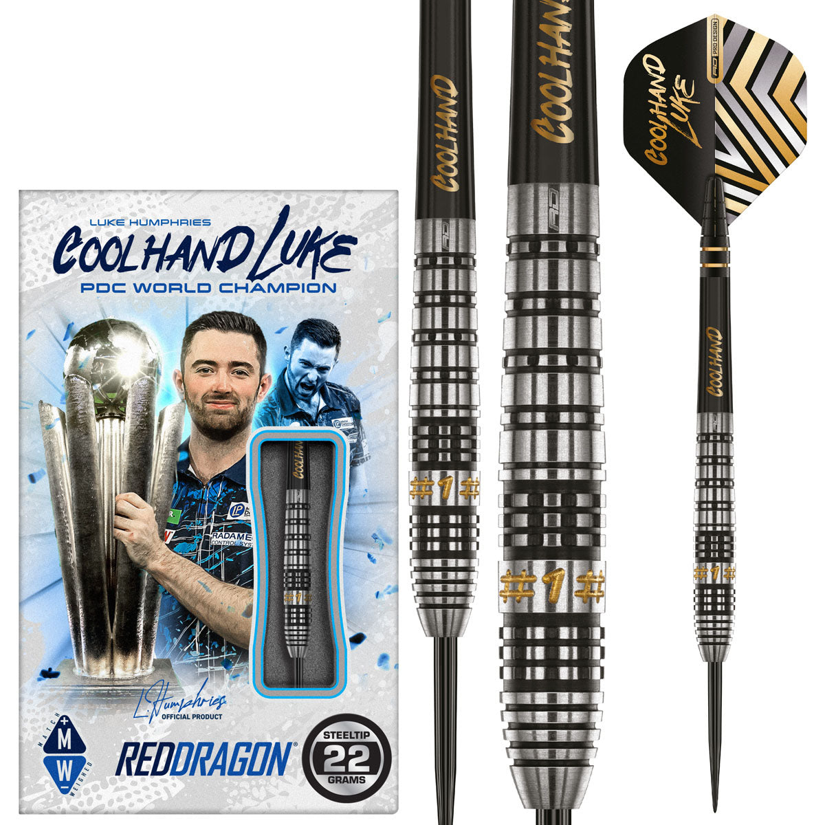 Luke Humphries Prestige Steel Tip Darts main product image showing the darts, packaging, flights, shafts, and included accessories