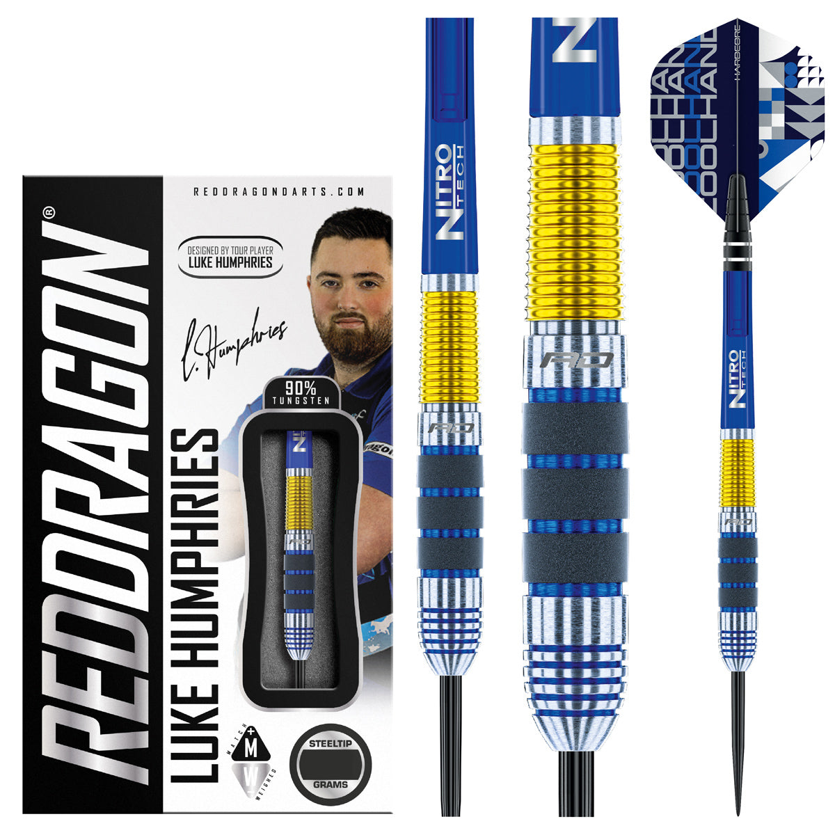 Luke Humphries Steel Tip Darts product image showing the complete dart set, packaging and accessories