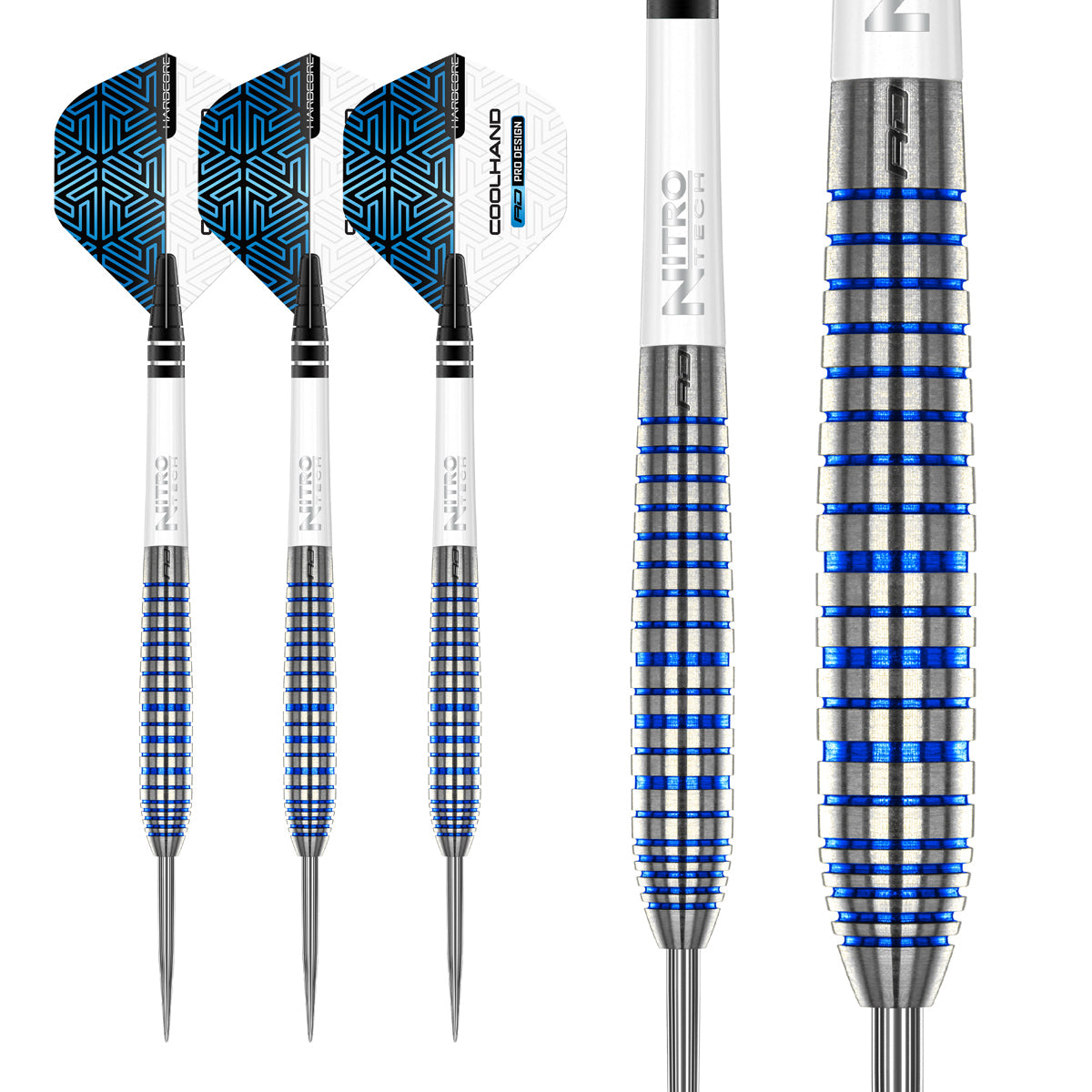 Luke Humphries TX3 Cool Blue SE Steel Tip Darts complete dart overview image showing the full barrel profile and design from multiple angles
