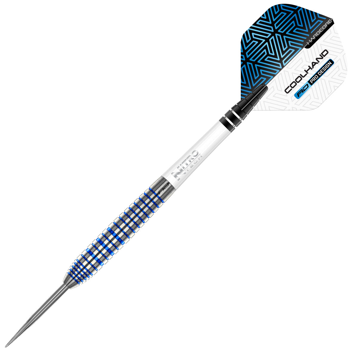 Luke Humphries TX3 Cool Blue SE Steel Tip Darts close up image highlighting the barrel grip texture, coating, machining, and design details