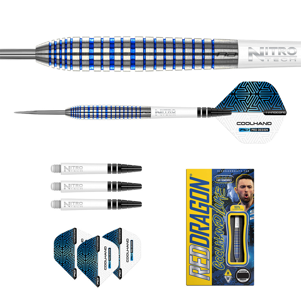 Luke Humphries TX3 Cool Blue SE Steel Tip Darts image displaying everything included inside the box