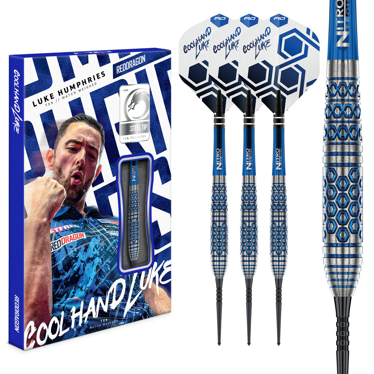 Red Dragon Luke Humphries TX5 Steel Tip Darts main product image showing the darts, packaging, flights, shafts, and included accessories