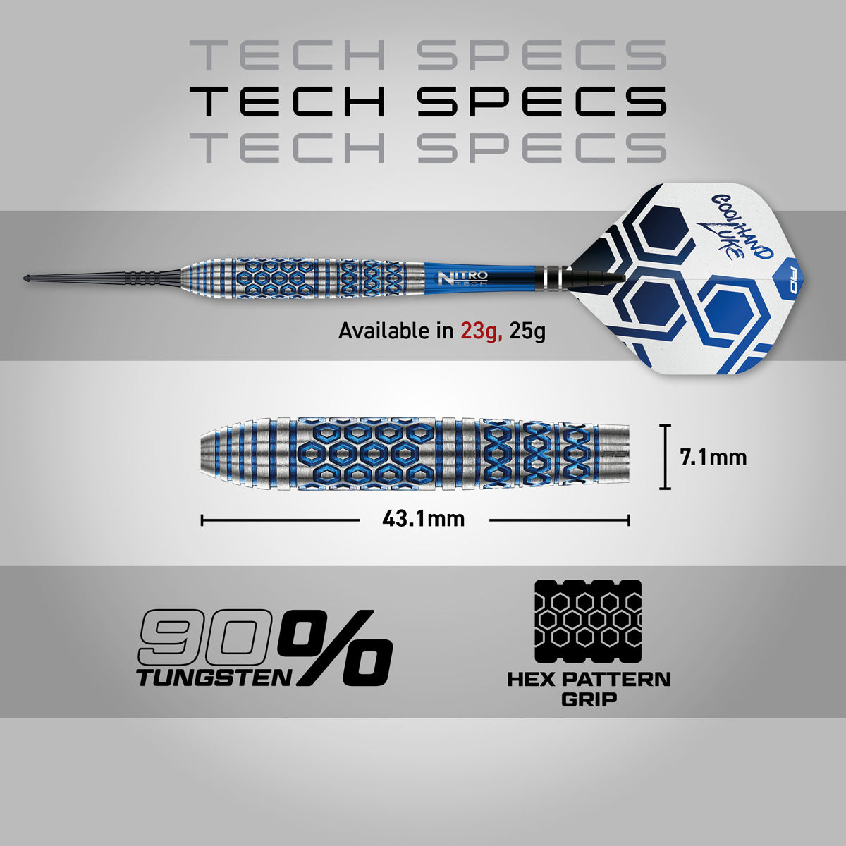 Red Dragon Luke Humphries TX5 Steel Tip Darts specifications image showing barrel dimensions, weight, and technical details