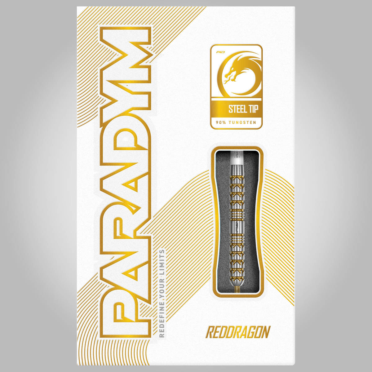 Red Dragon Paradym Gold Parallel Steel Tip Darts packaging image showing the retail presentation and box artwork
