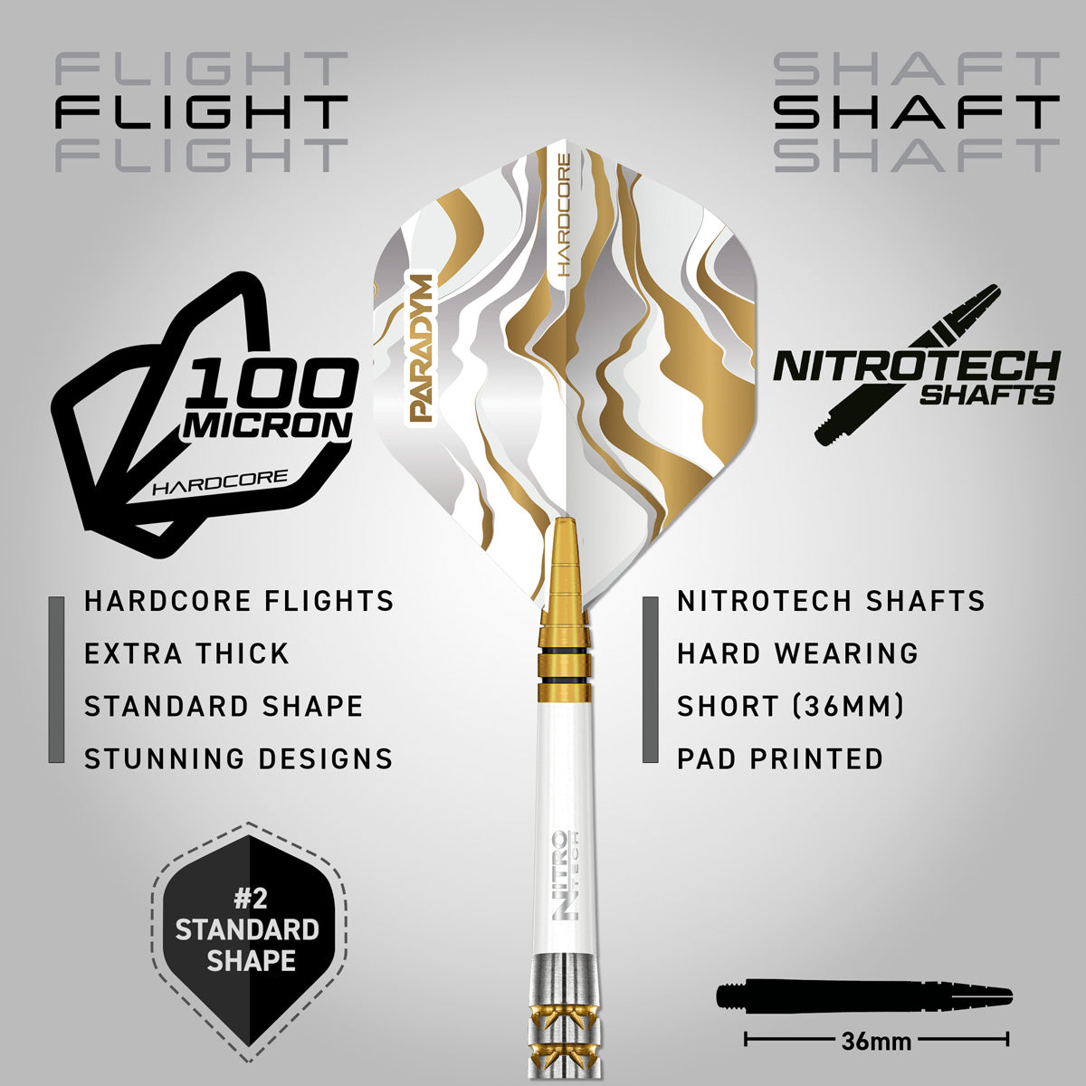 Red Dragon Paradym Gold Parallel Steel Tip Darts image displaying the included flight and shaft configuration
