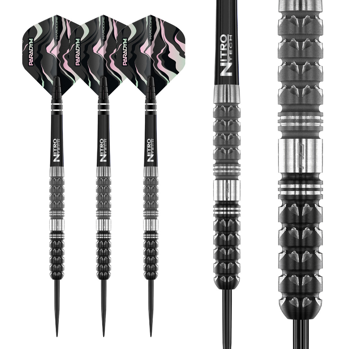 Paradym Tapered Steel Tip Darts complete dart overview image showing the full barrel profile and design from multiple angles