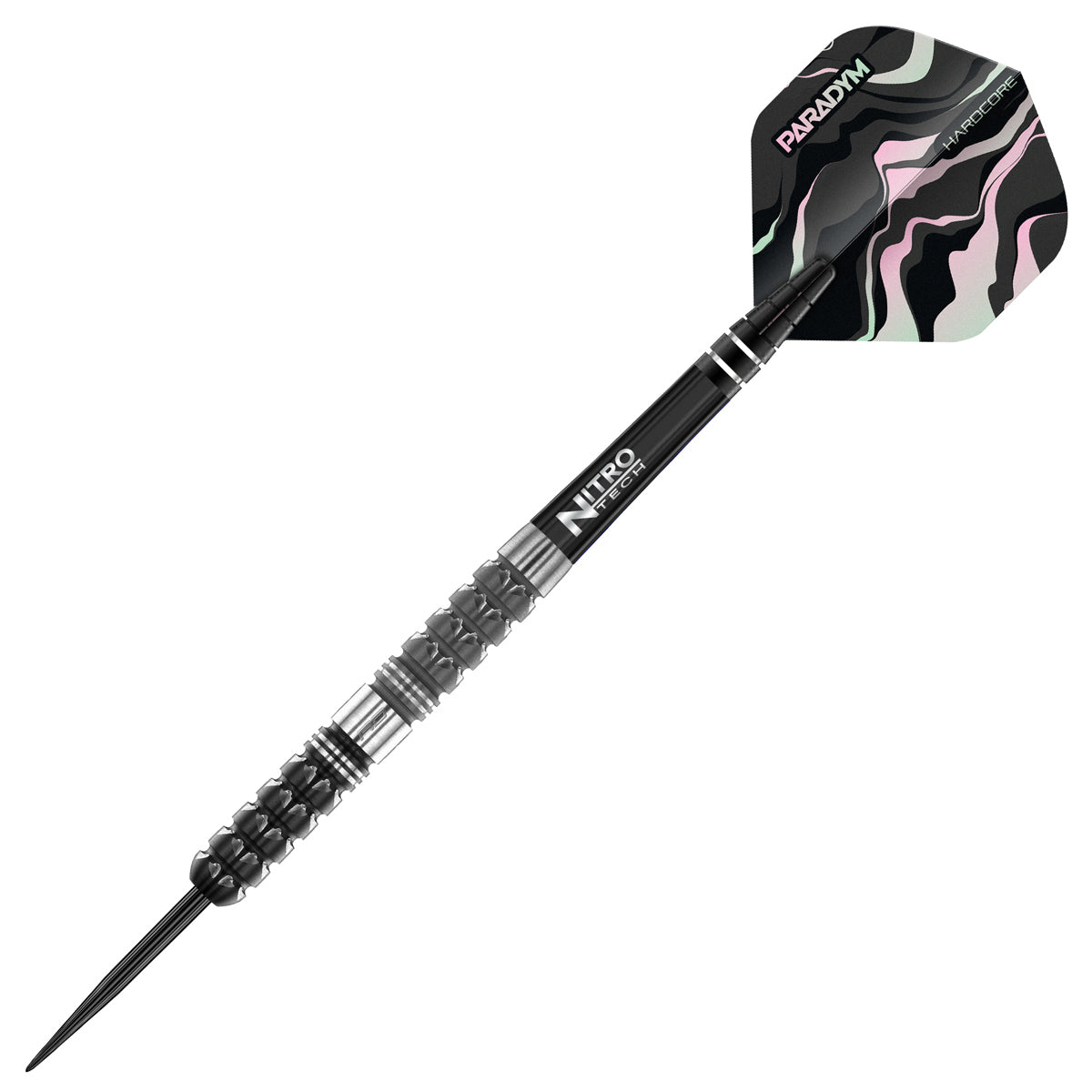 Paradym Tapered Steel Tip Darts close up image highlighting the barrel grip texture, coating, machining, and design details