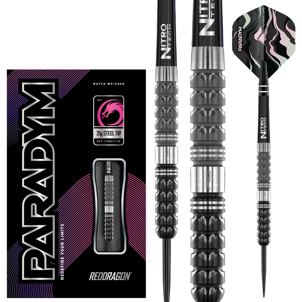 Paradym Tapered Steel Tip Darts main product image showing the darts, packaging, flights, shafts, and included accessories