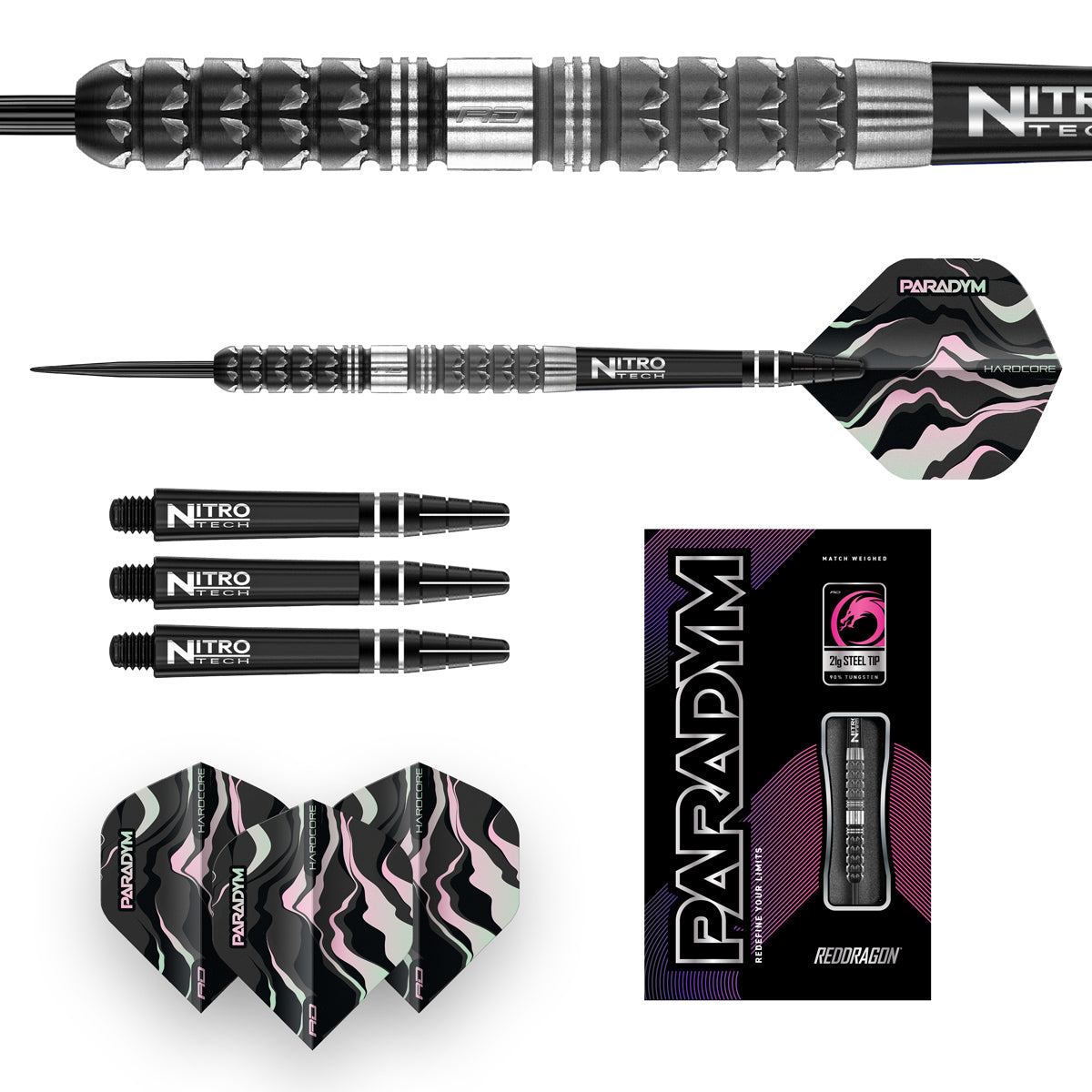 Paradym Tapered Steel Tip Darts image displaying everything included inside the box