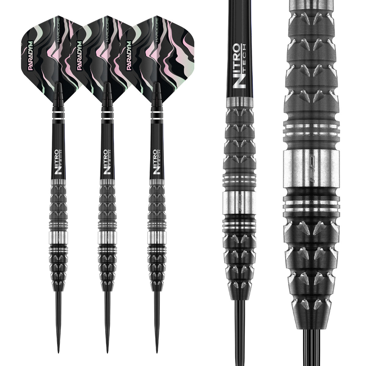 Paradym Torpedo Steel Tip Darts complete dart overview image showing the full barrel profile and design from multiple angles