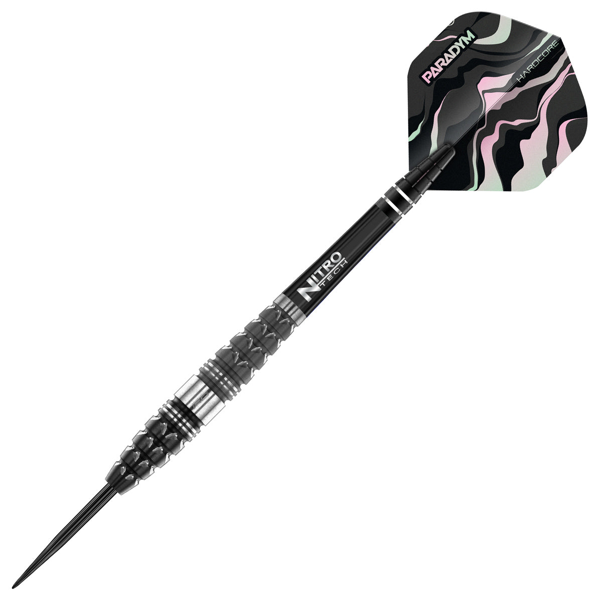 Paradym Torpedo Steel Tip Darts close up image highlighting the barrel grip texture, coating, machining, and design details