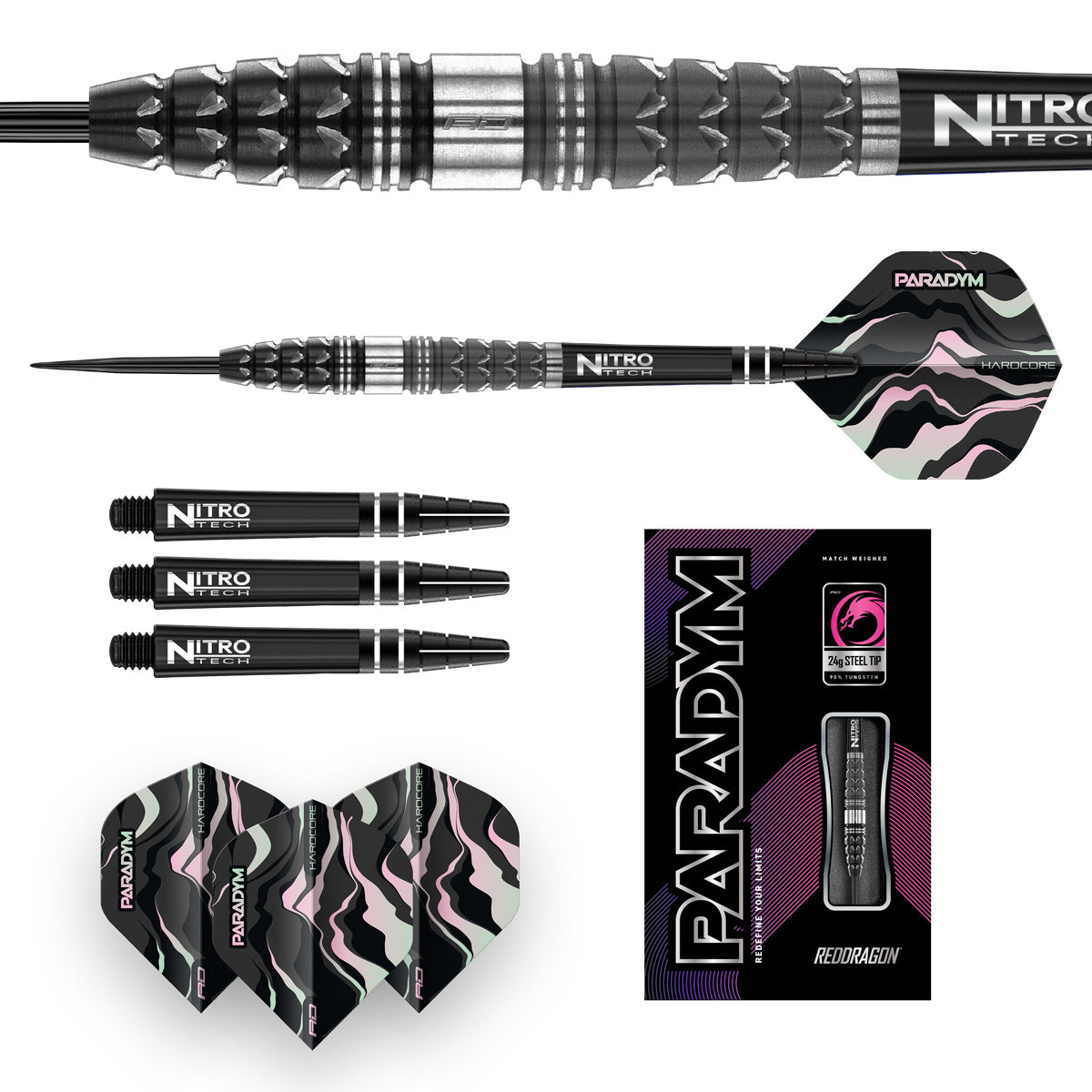 Paradym Torpedo Steel Tip Darts image displaying everything included inside the box